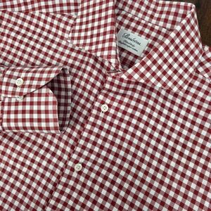 Stenströms Gingham Check Button Up Dress Shirt Mens 15.75 Red White Cotton 33"